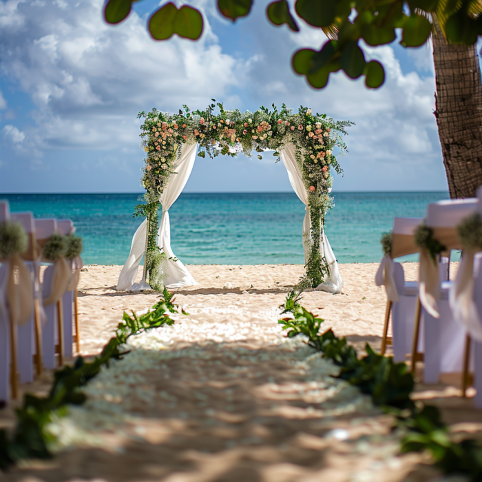 Une belle installation de mariage sur la plage | Source : Midjourney