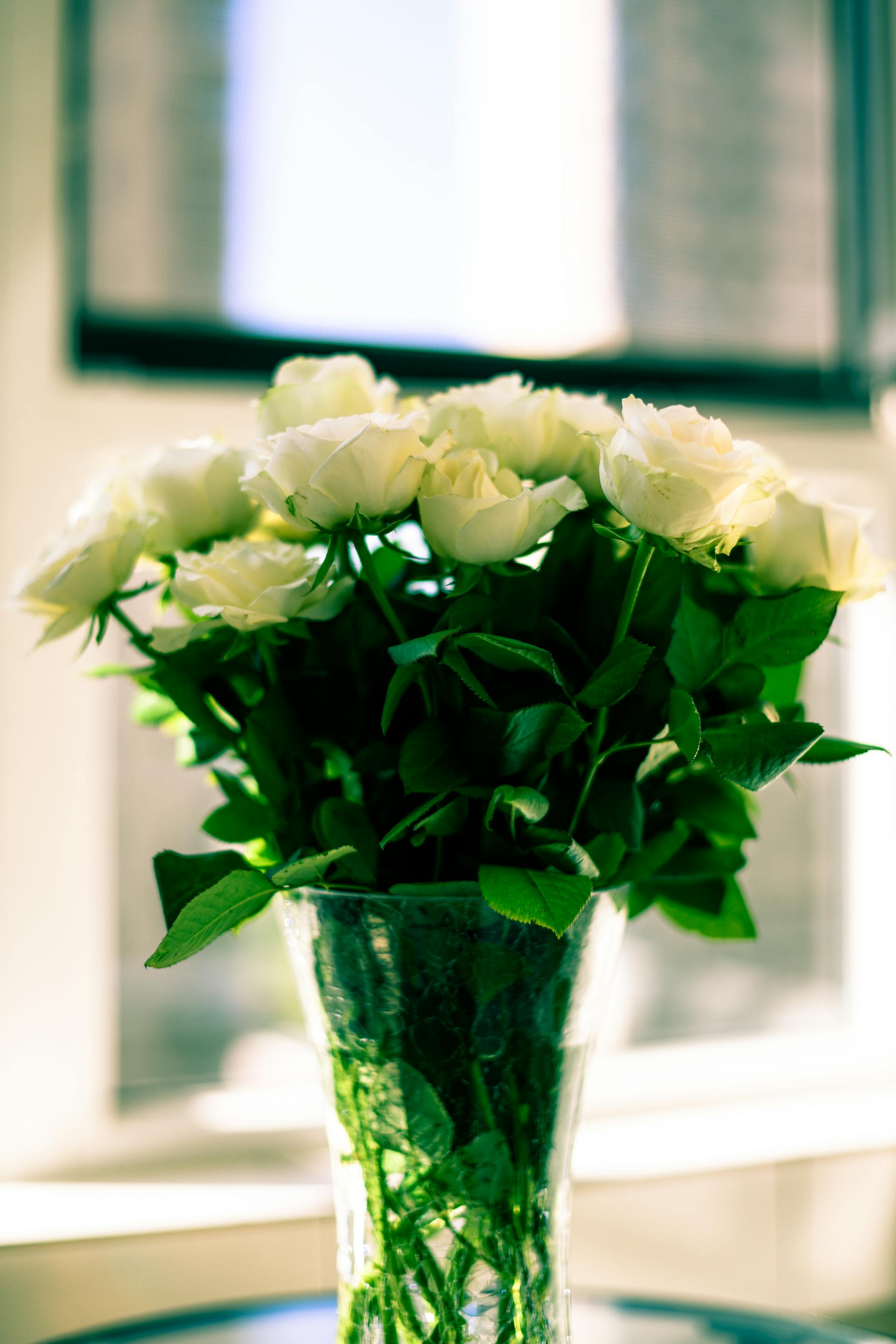 Un bouquet de roses blanches dans un vase en verre | Source : Pexels