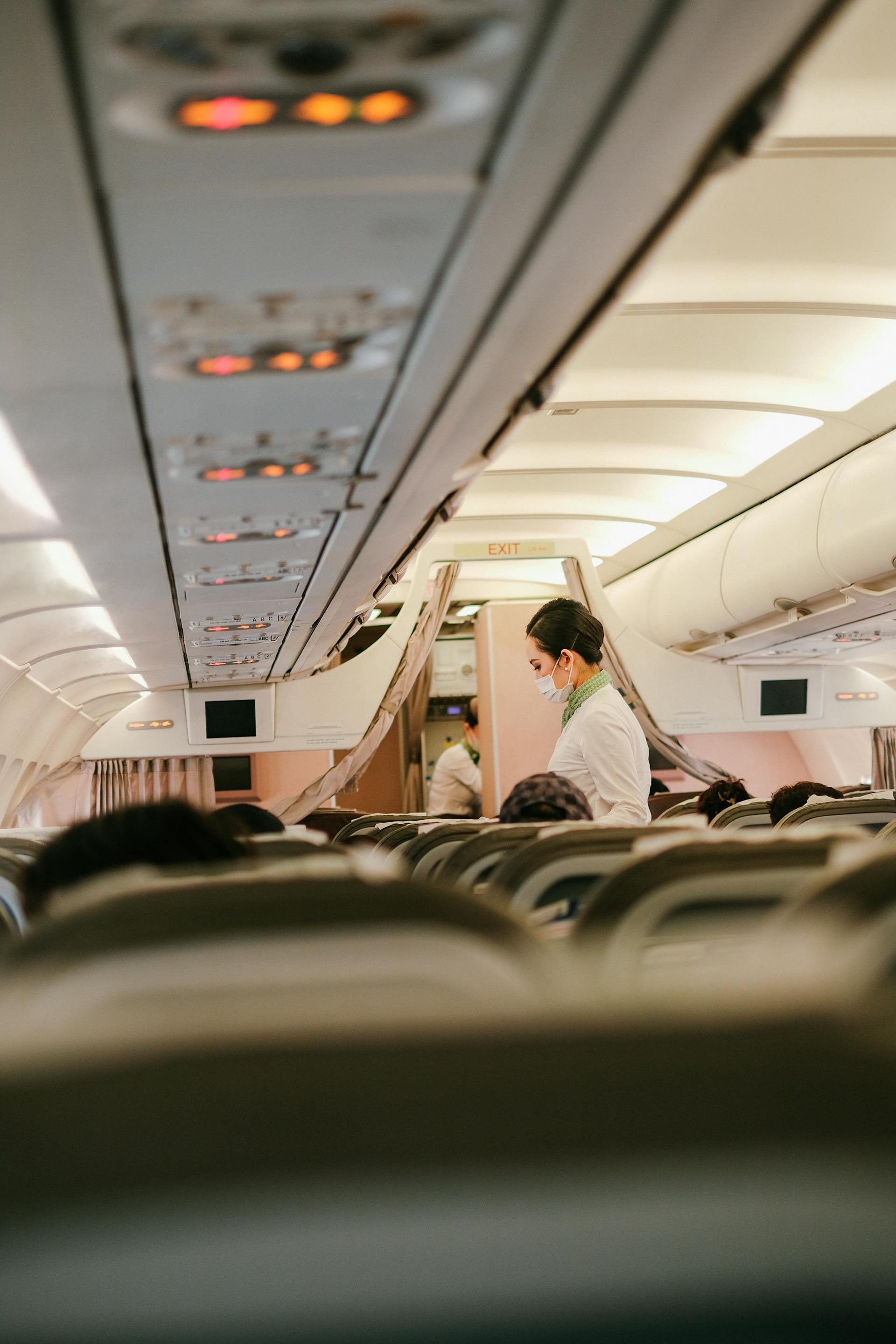 Une hôtesse de l'air se tenant près de personnes assises dans des sièges d'avion | Source : Pexels