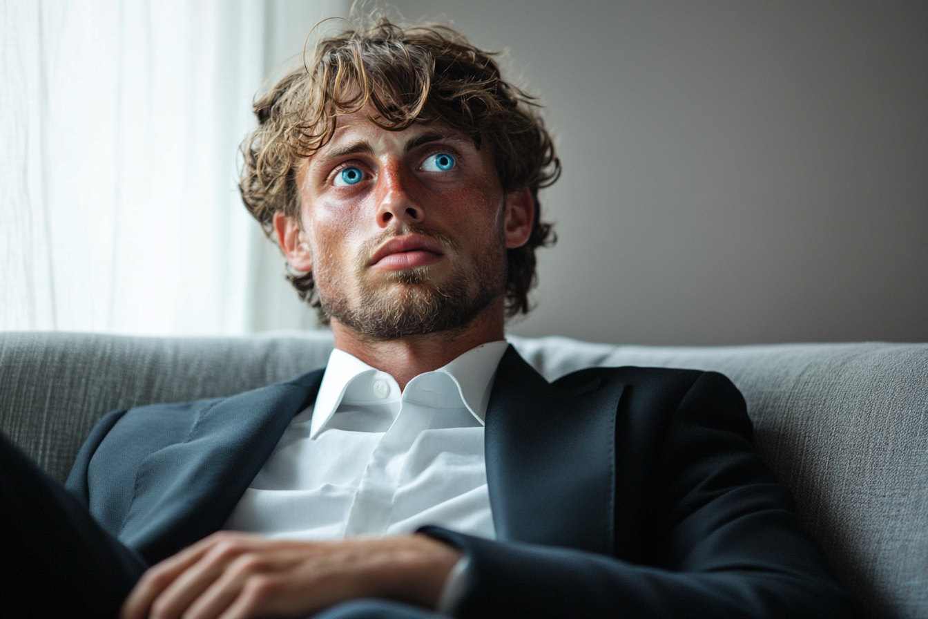 Un homme sérieux assis sur un canapé | Source : Midjourney