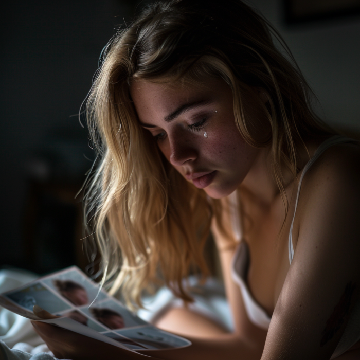 Une femme qui aspire à être mère regarde des photos de bébé | Source : Midjourney