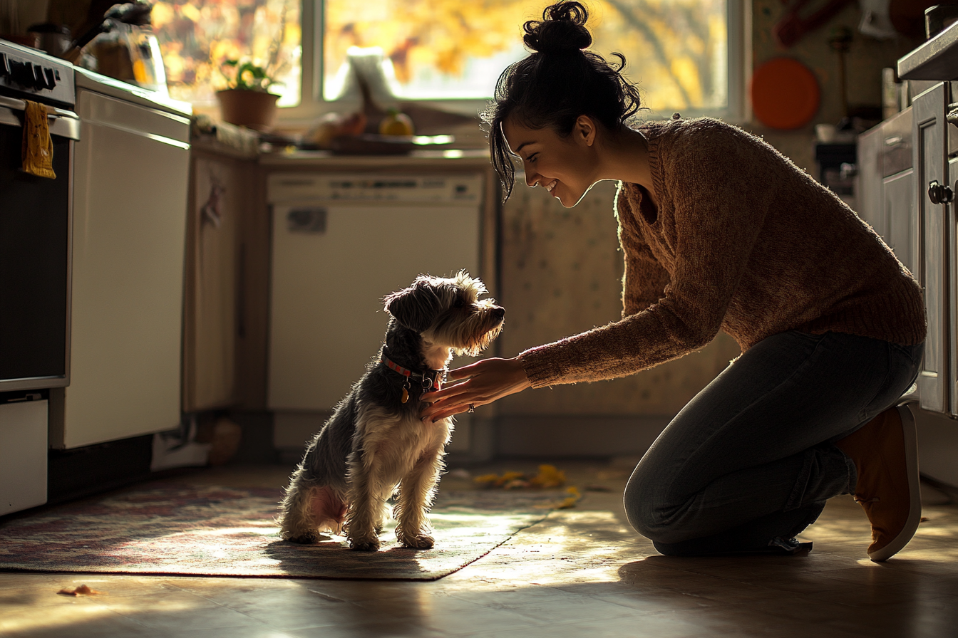 Une femme caresse un chien dans la cuisine | Source : Midjourney