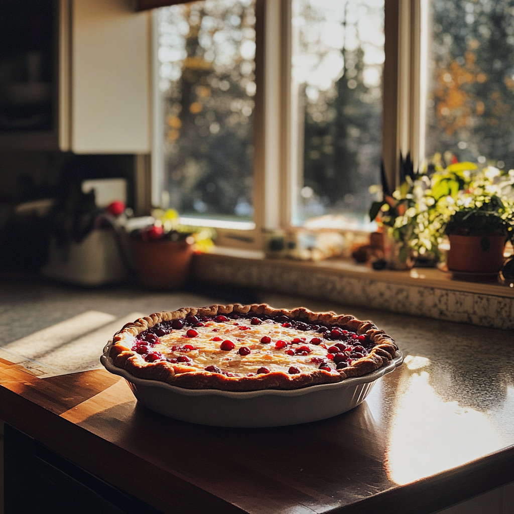 Une tarte fraîchement cuite sur un comptoir de cuisine | Source : Midjourney
