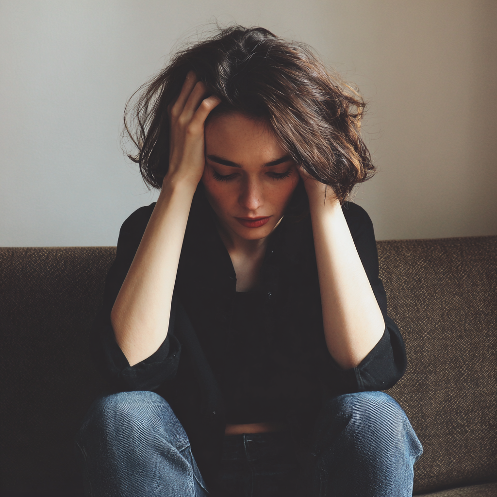 Une femme assise, la tête entre les mains | Source : Midjourney
