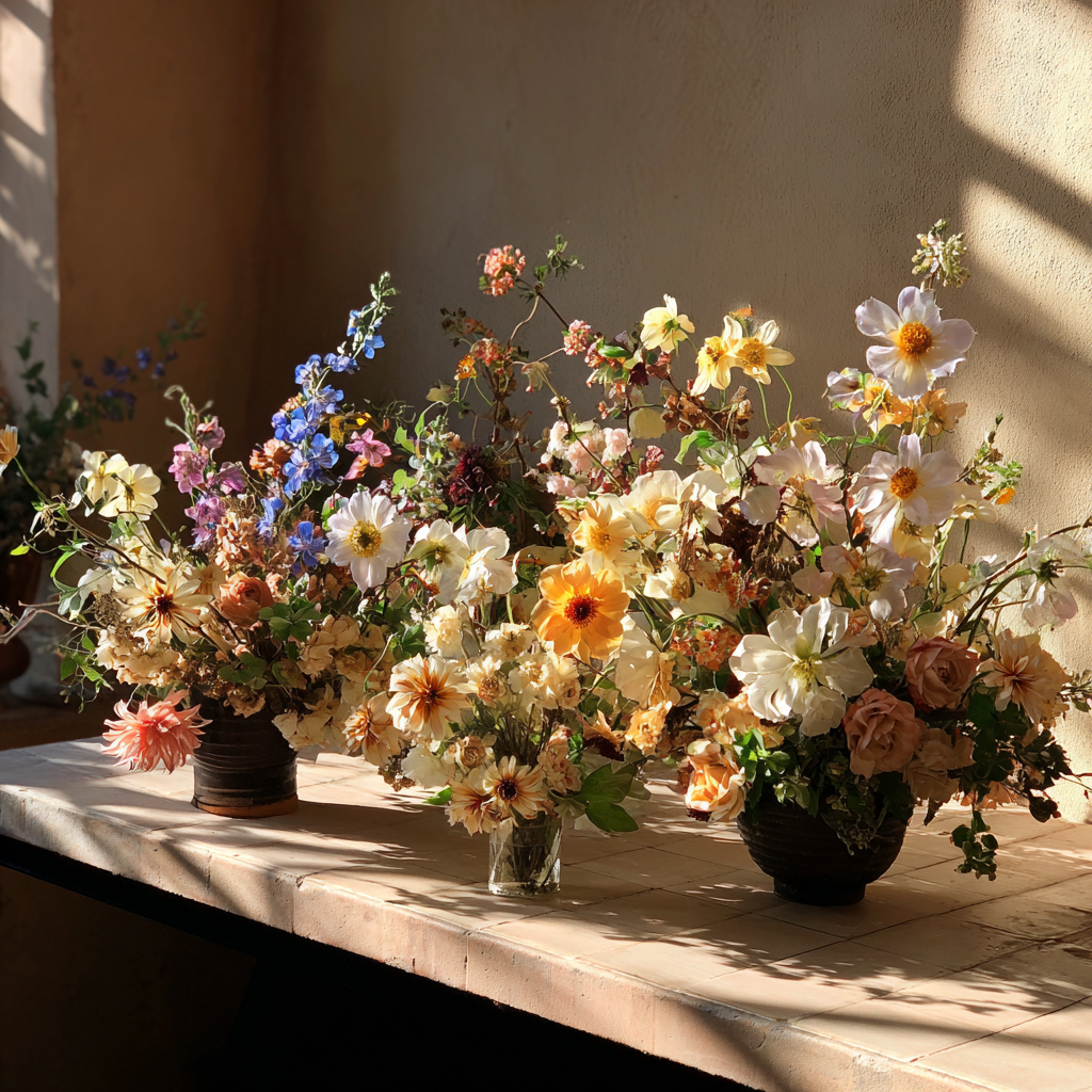 Arrangements floraux sur une table | Source : Midjourney