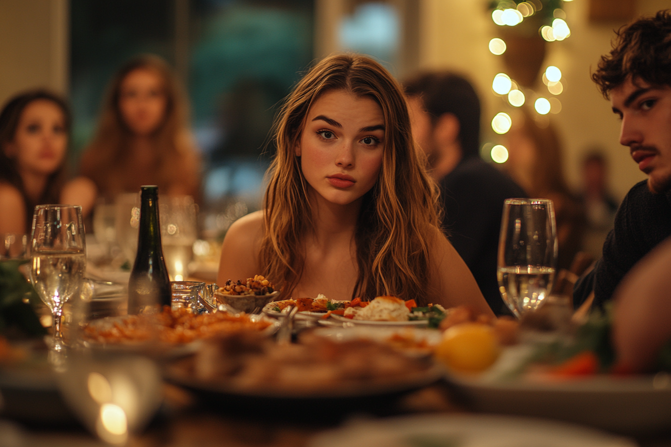 Femme à l'expression légèrement choquée à une table de dîner | Source : Midjourney