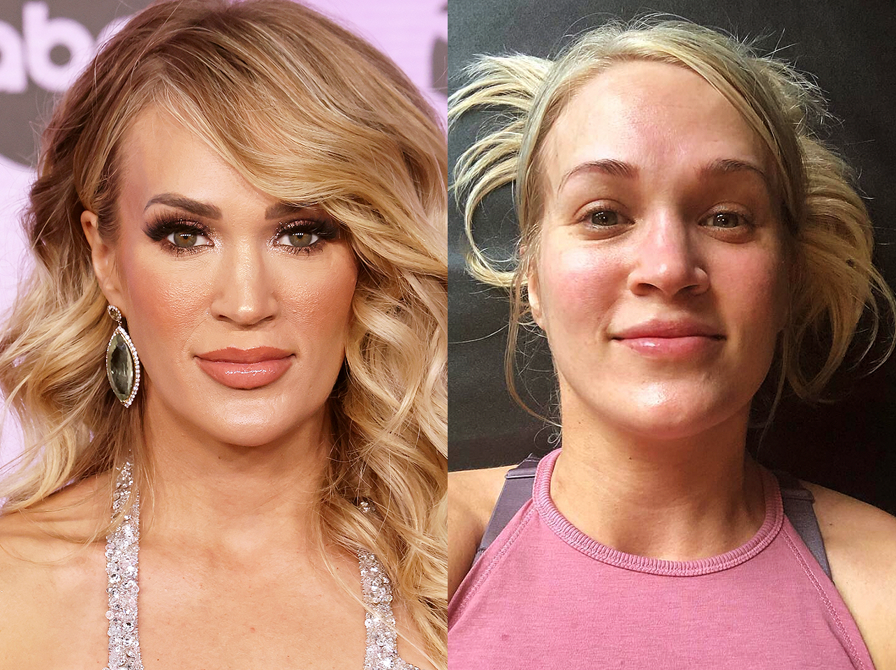 Carrie Underwood avec maquillage vs sans maquillage | Source : Getty Images | Instagram/carrieunderwood