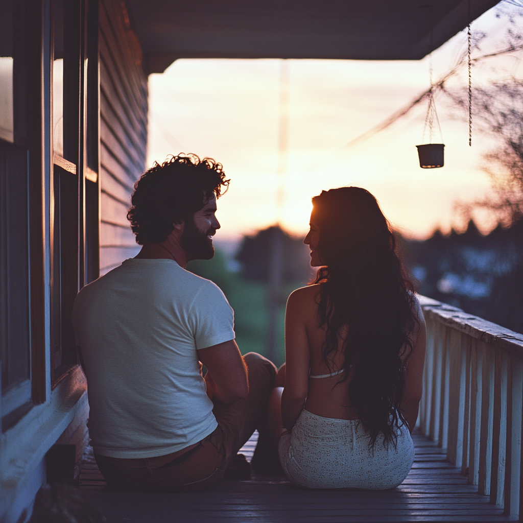 Un couple heureux assis sous le porche | Source : Midjourney