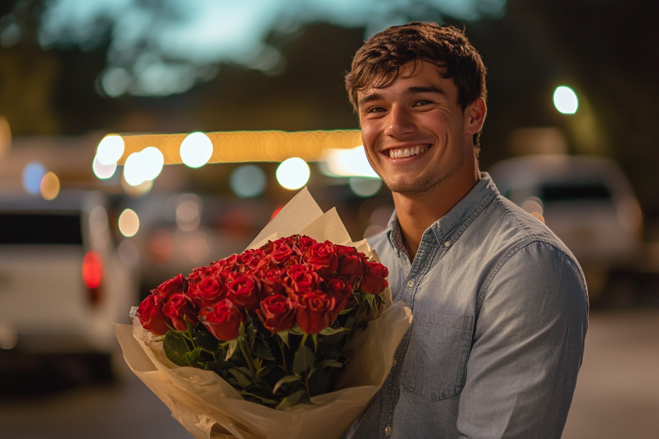 Un homme tenant un bouquet de roses | Source : Midjourney