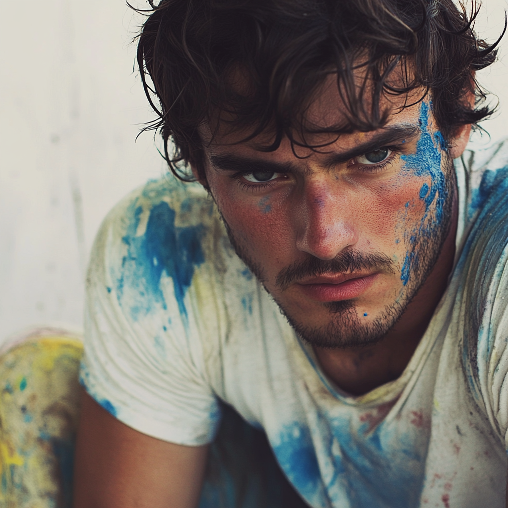 Un homme aux vêtements tachés de bleu | Source : Midjourney