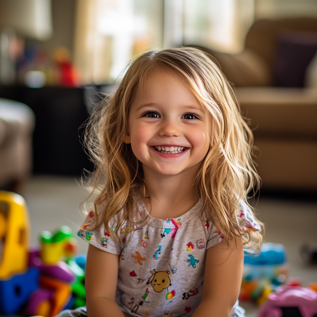 Une petite fille souriante entourée de ses jouets dans le salon | Source : Midjourney 15