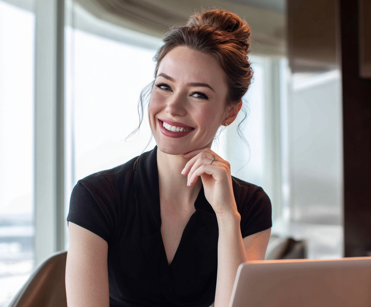 Une femme souriante assise à un bureau | Source : Midjourney