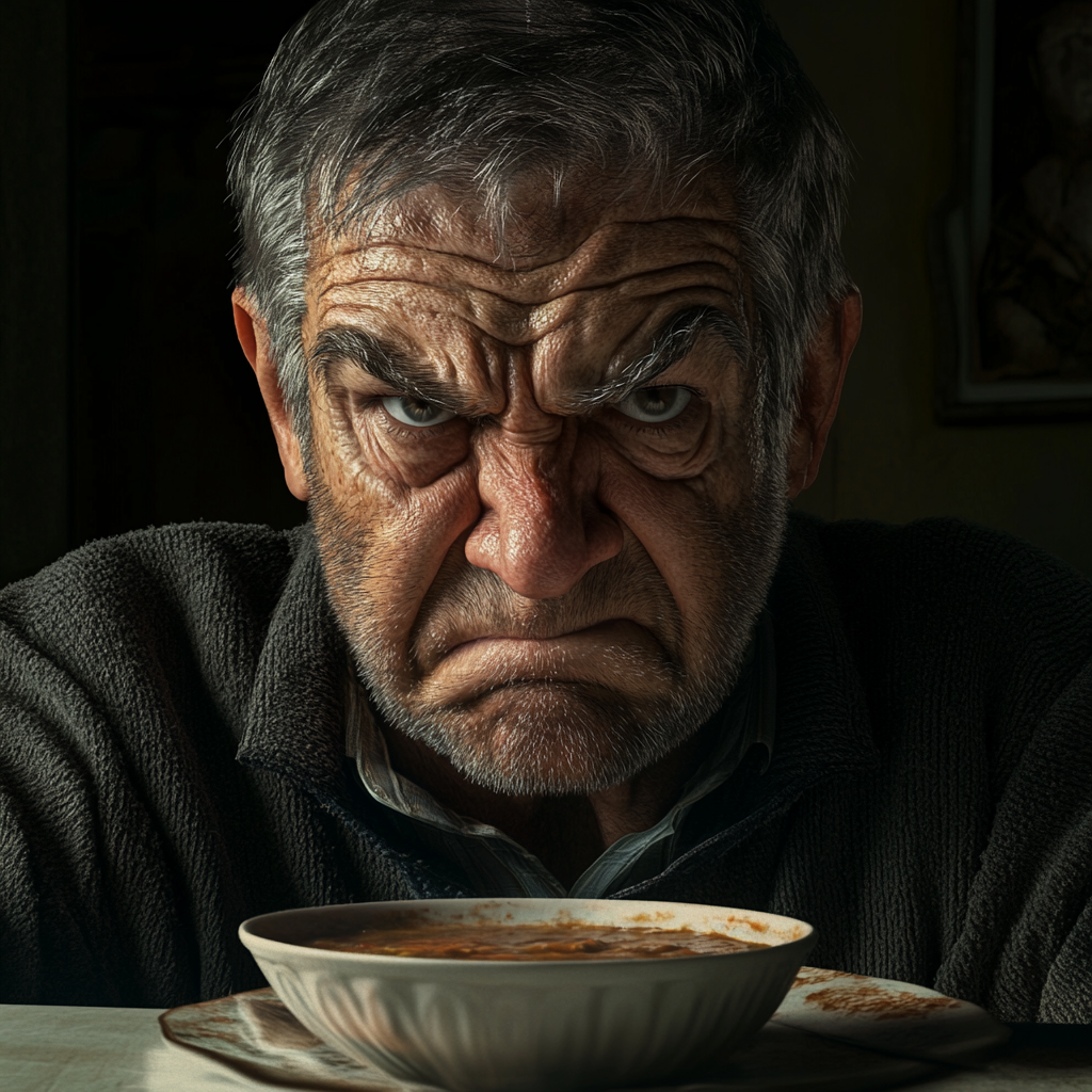 Un homme âgé grincheux assis à la table à manger avec un bol de soupe à la tomate | Source : Midjourney