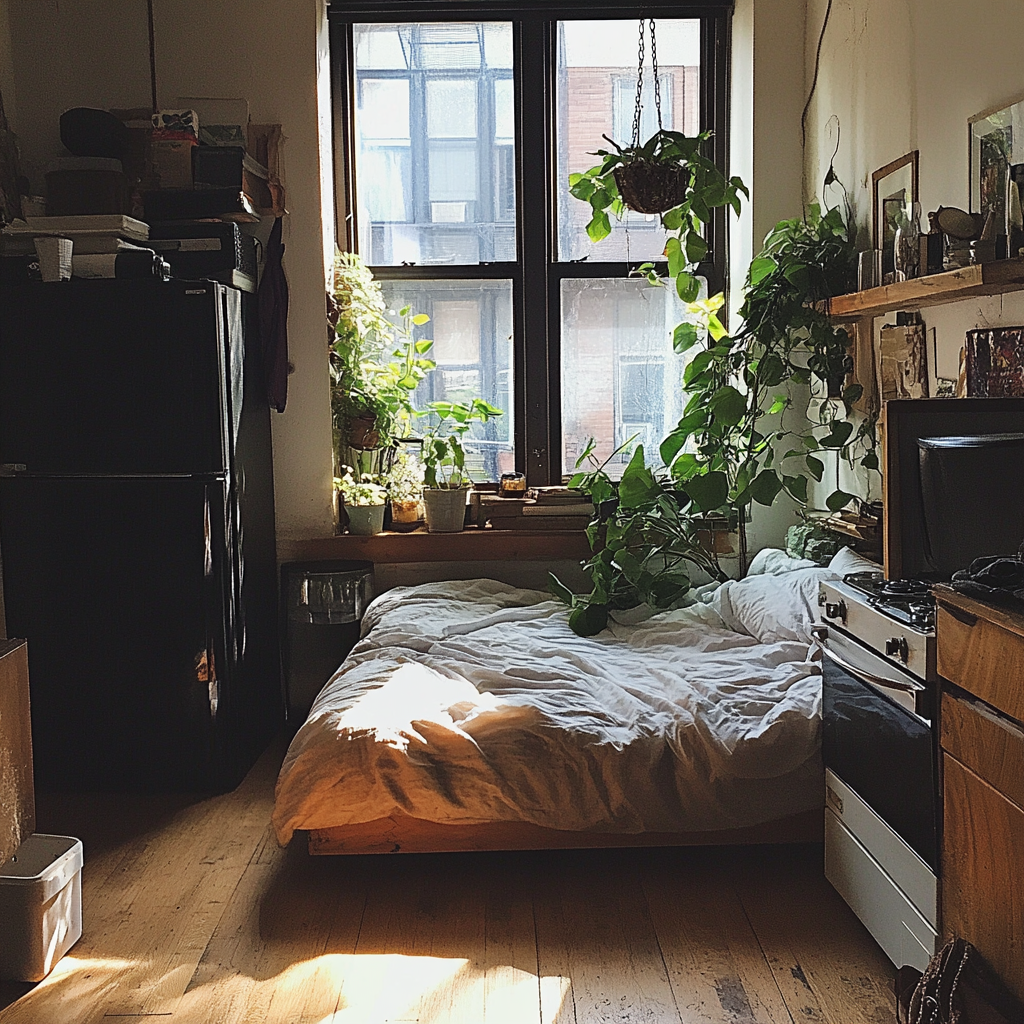 À l'intérieur d'un minuscule et simple studio | Source : Midjourney