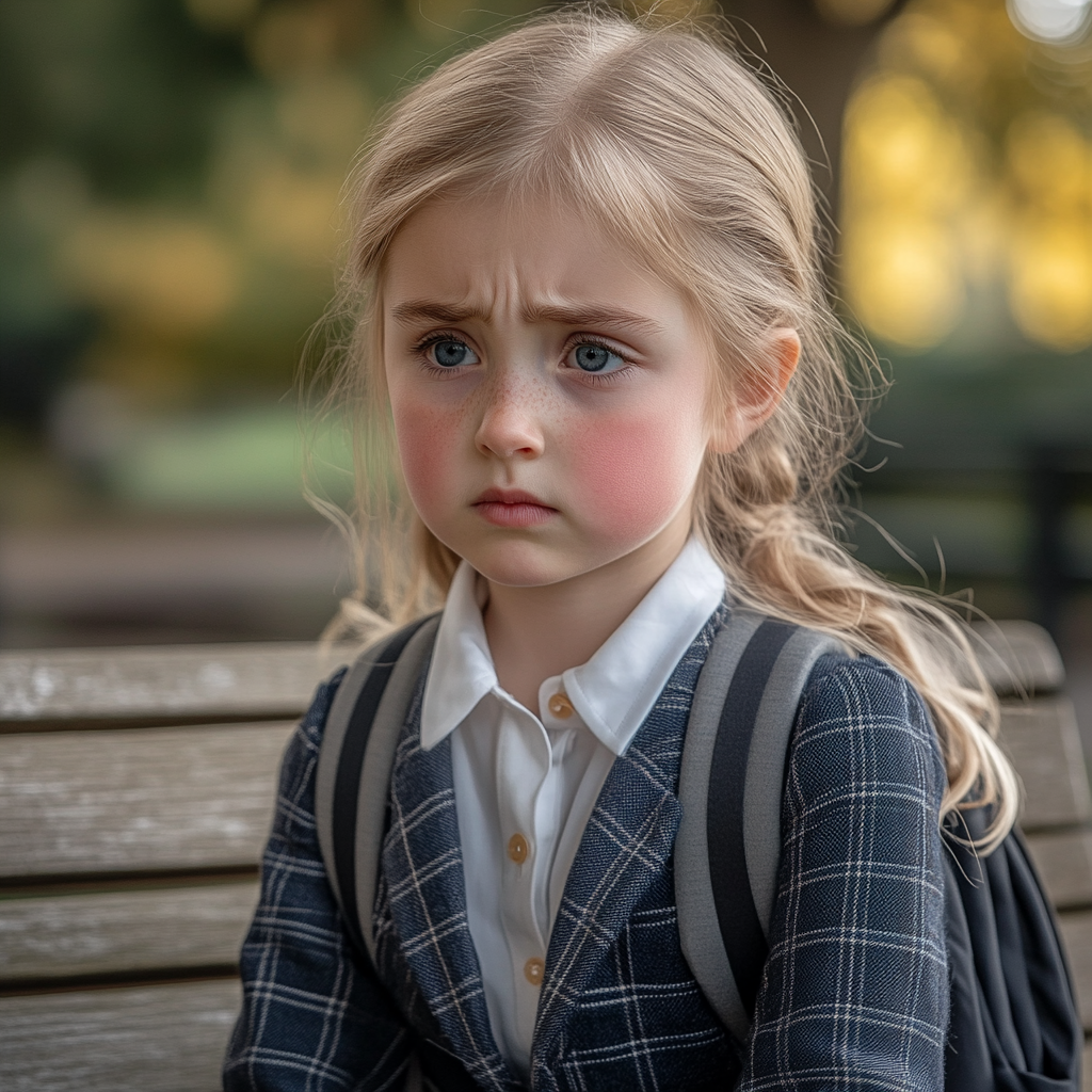 Une petite fille triste assise dans un parc | Source : Midjourney