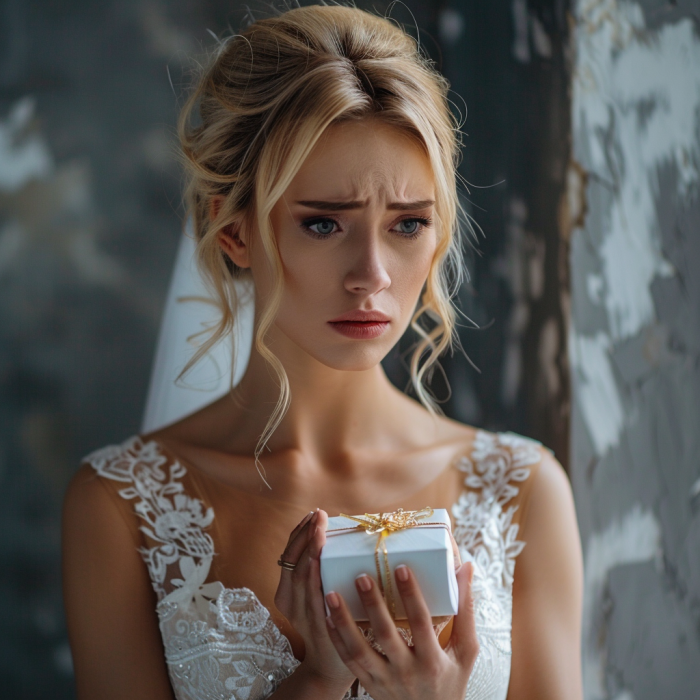 Une mariée se sentant en colère et mécontente tout en tenant un paquet cadeau | Source : Midjourney