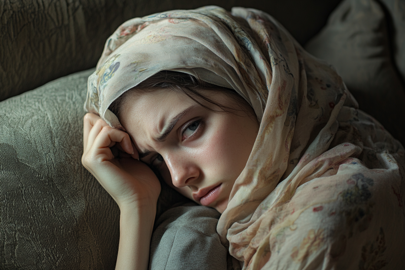 Une femme déprimée portant un foulard, allongée sur un canapé | Source : Midjourney