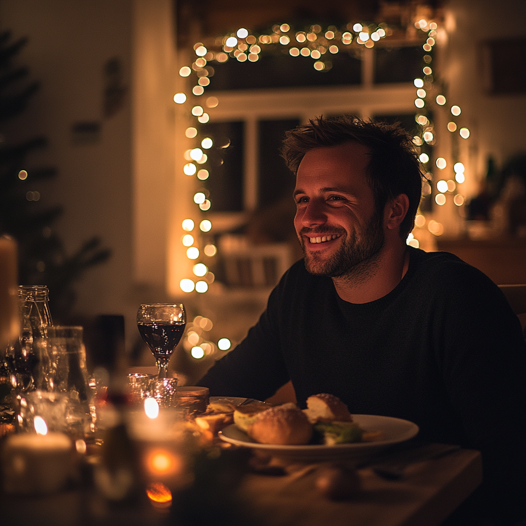 Un homme souriant à table | Source : Midjourney