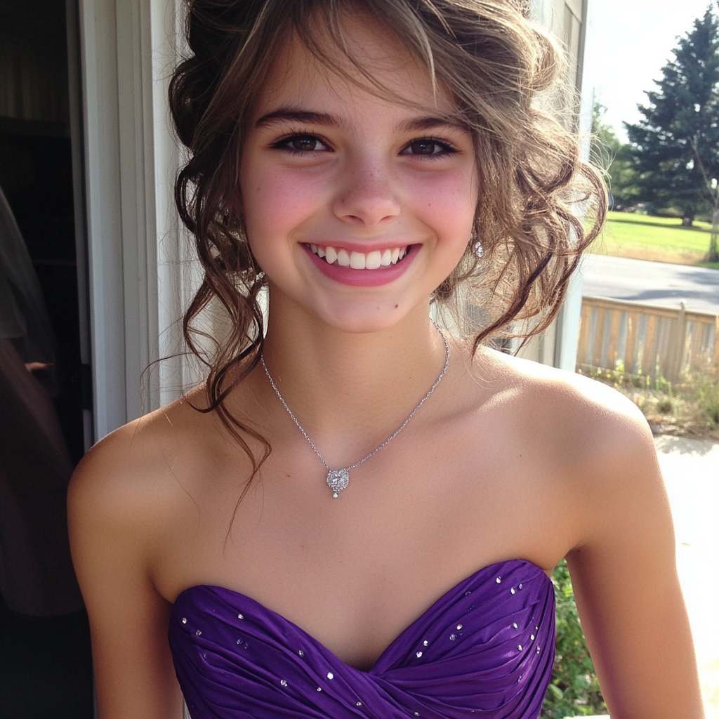 Une adolescente souriante habillée pour le bal de fin d'année | Source : Midjourney