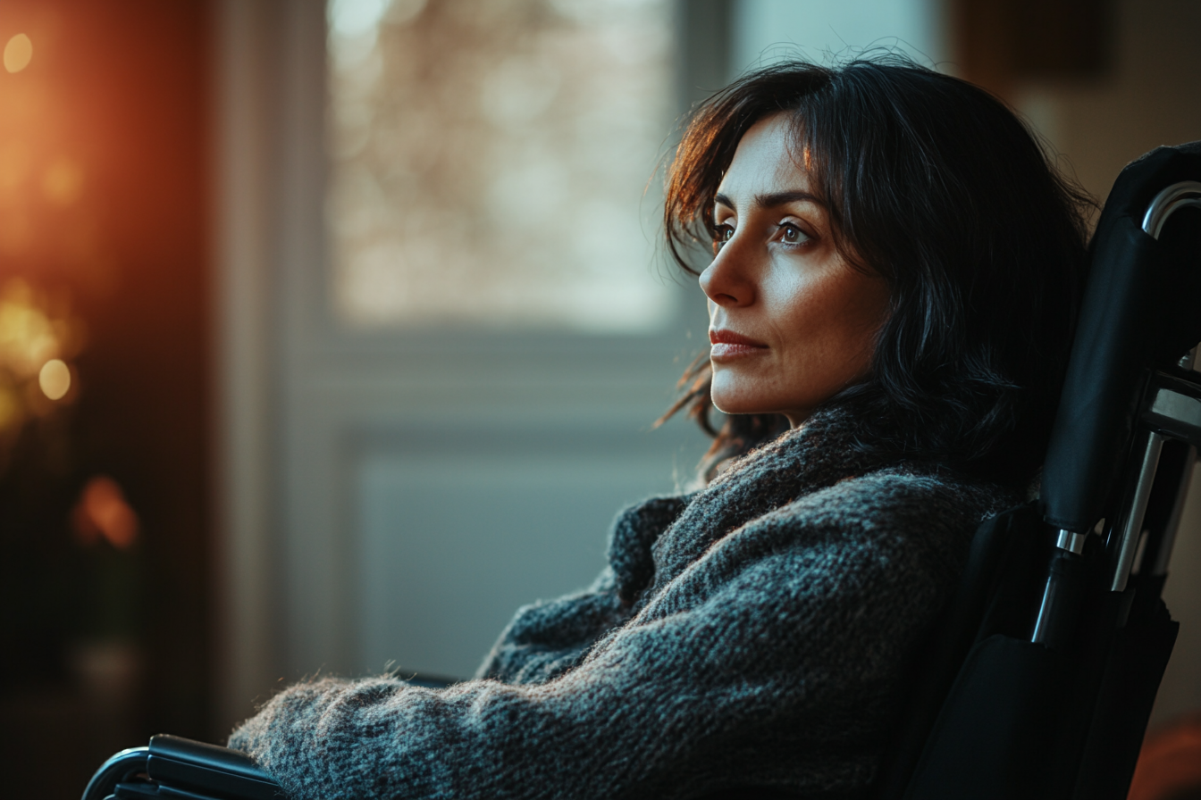 A woman in a wheelchair with a somber expression | Source: Midjourney