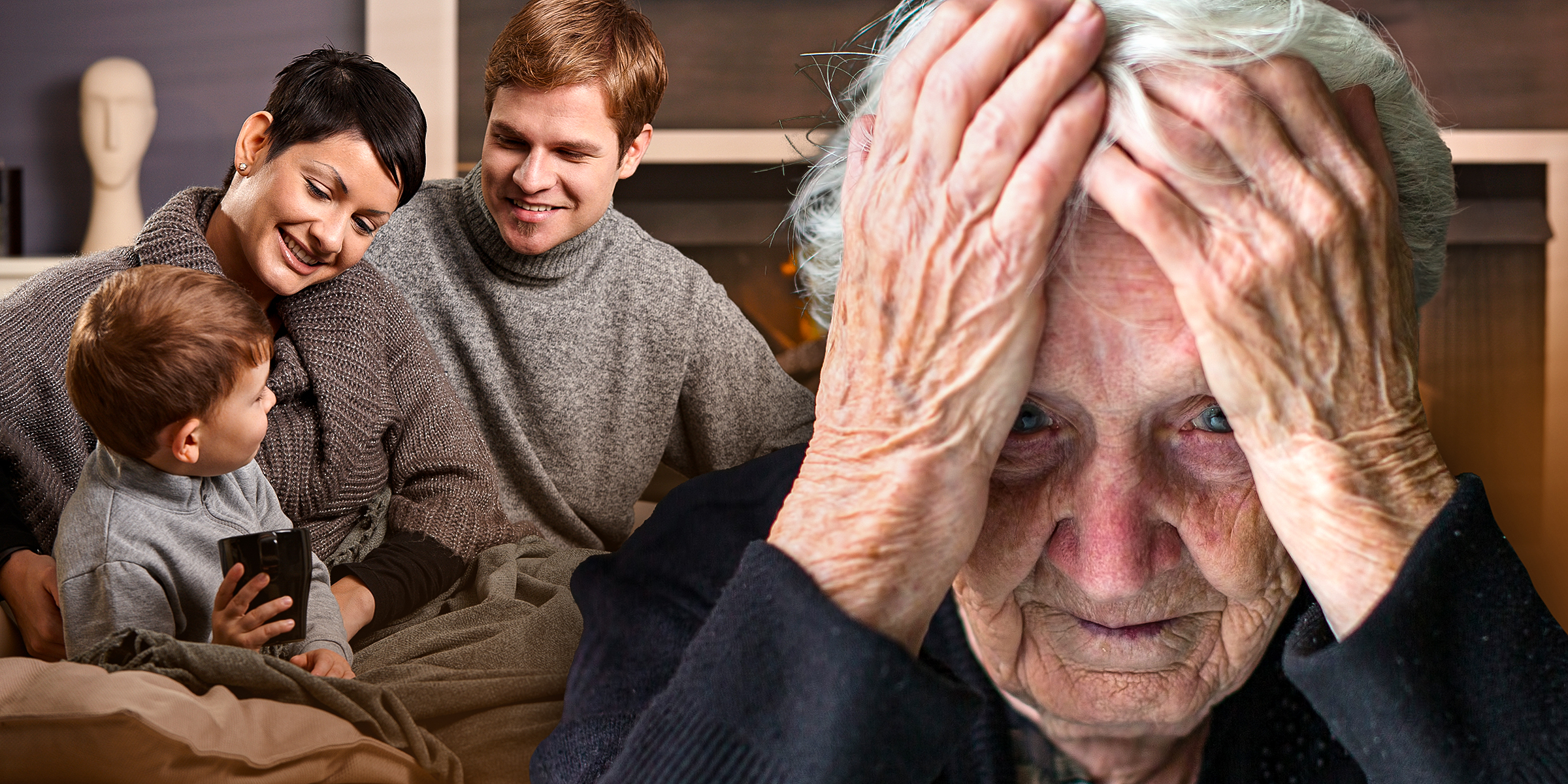 Une famille heureuse de trois personnes et une femme âgée désemparée | Source : Shutterstock