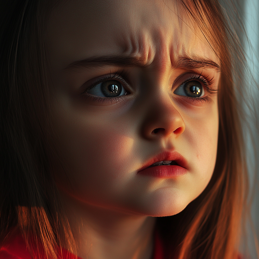 Une petite fille aux yeux pleins de larmes qui regarde vers le haut | Source : Midjourney