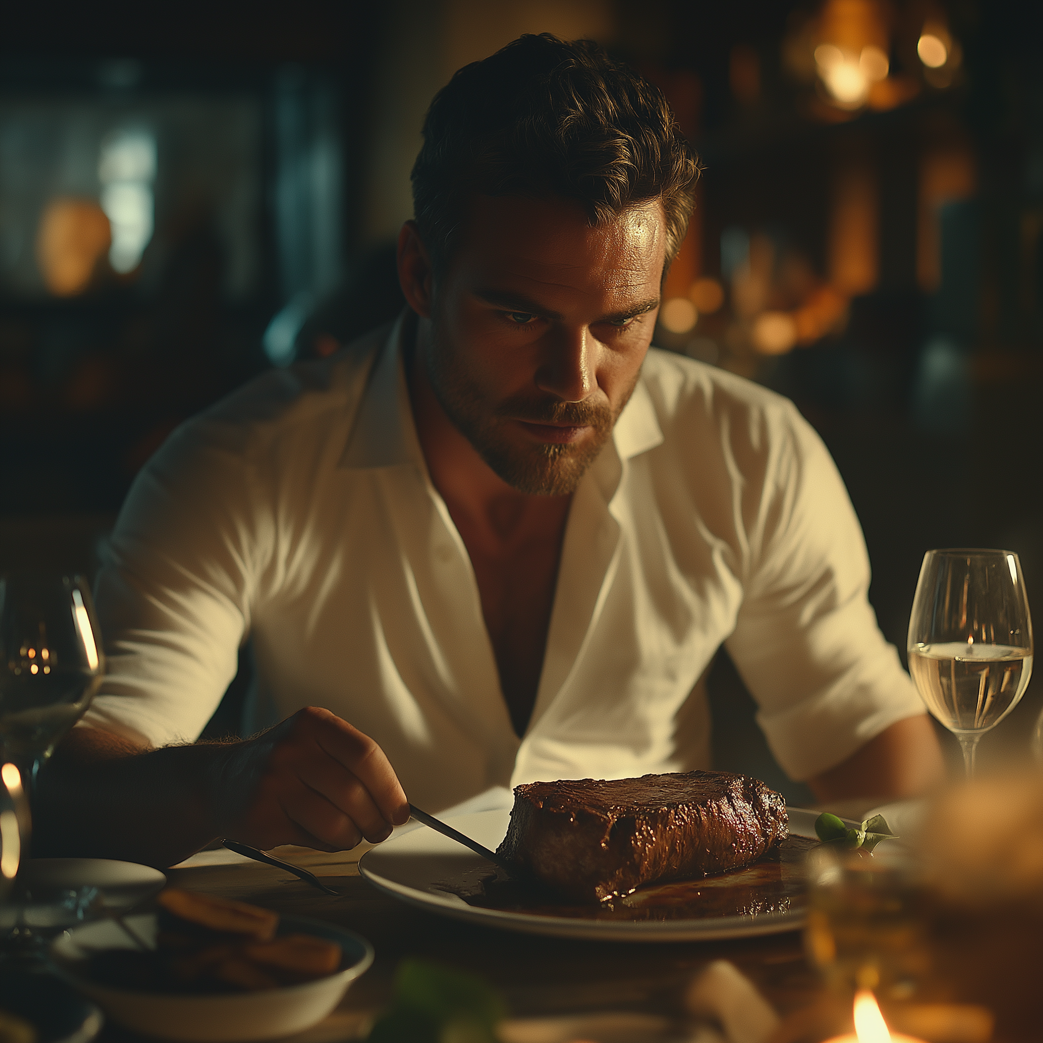 Un homme qui regarde fixement le steak dans son assiette | Source : Midjourney