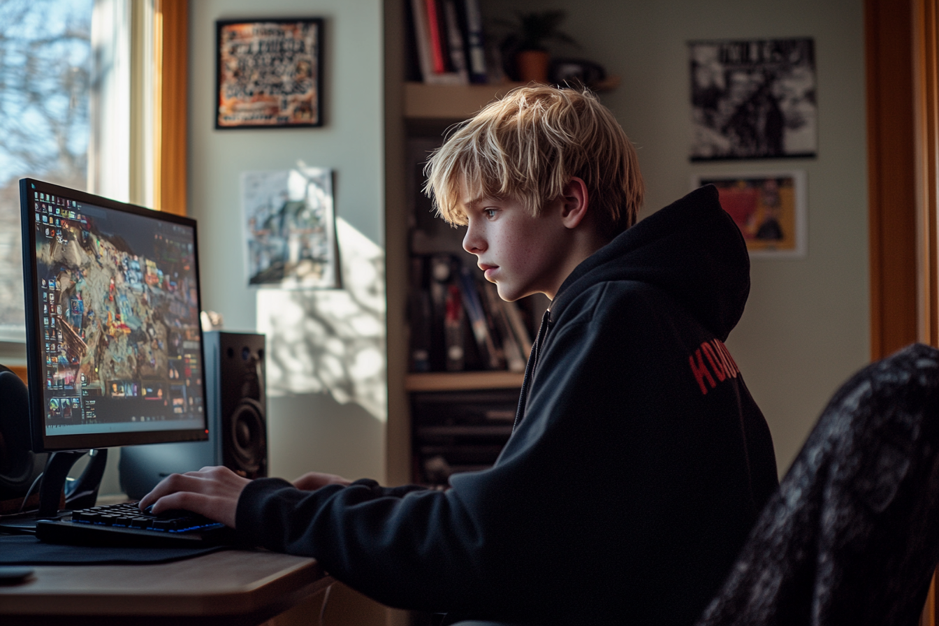 Un adolescent blond qui joue à des jeux informatiques | Source : Midjourney