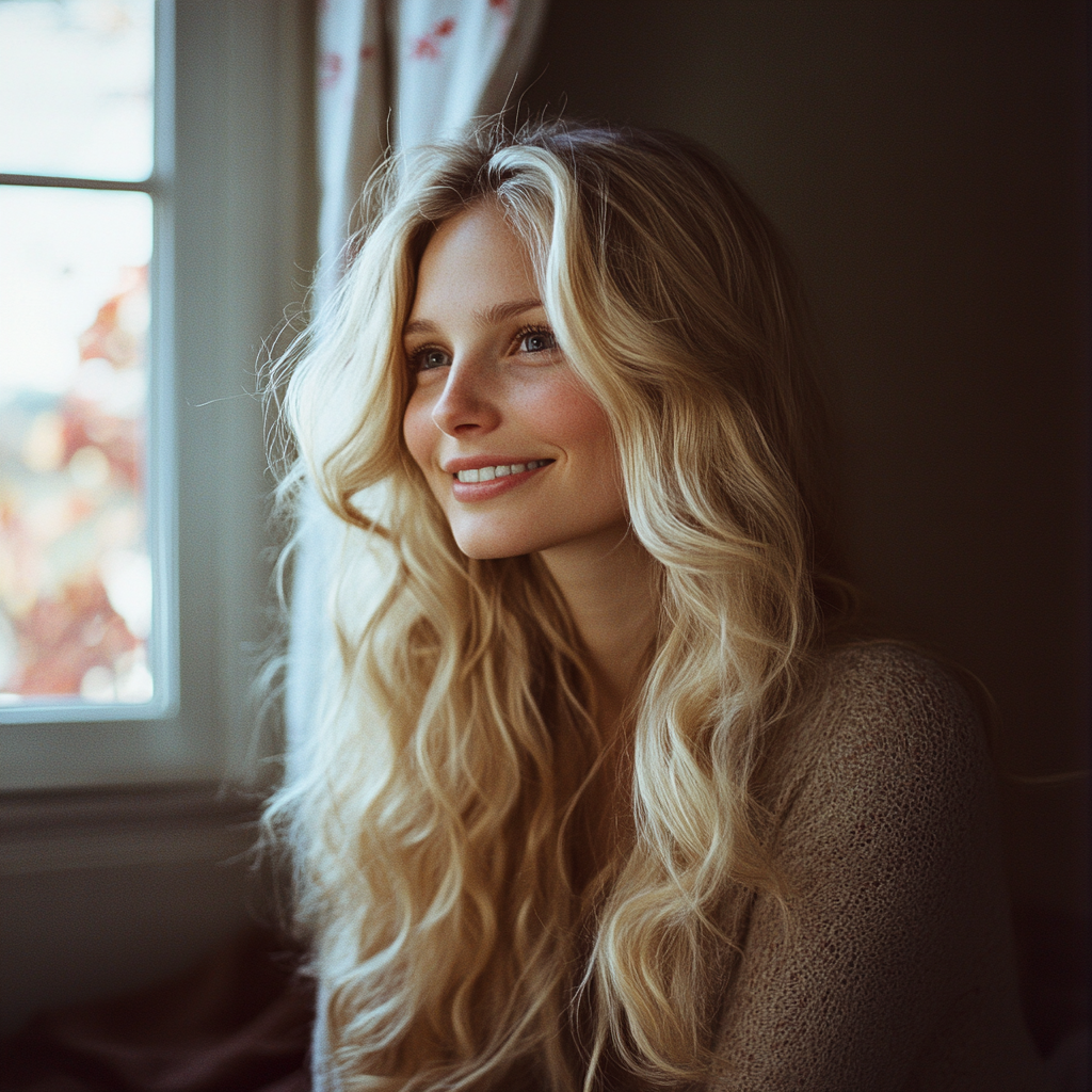 Une femme souriante dans sa chambre | Source : Midjourney