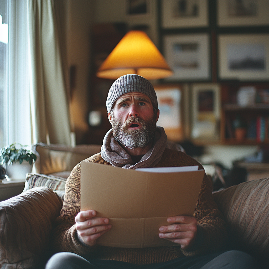 Greg choqué alors qu'il tient une enveloppe | Source : Midjourney