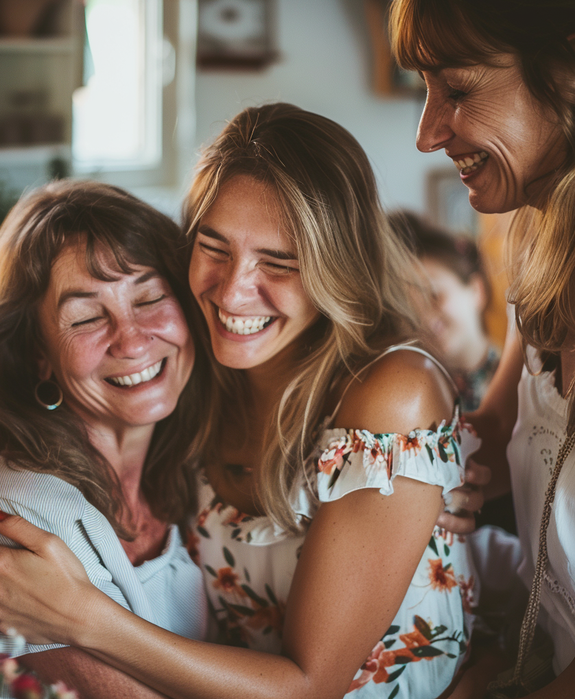 Deux femmes s'étreignent joyeusement pendant qu'une autre femme les regarde | Sourcce : Midjourney