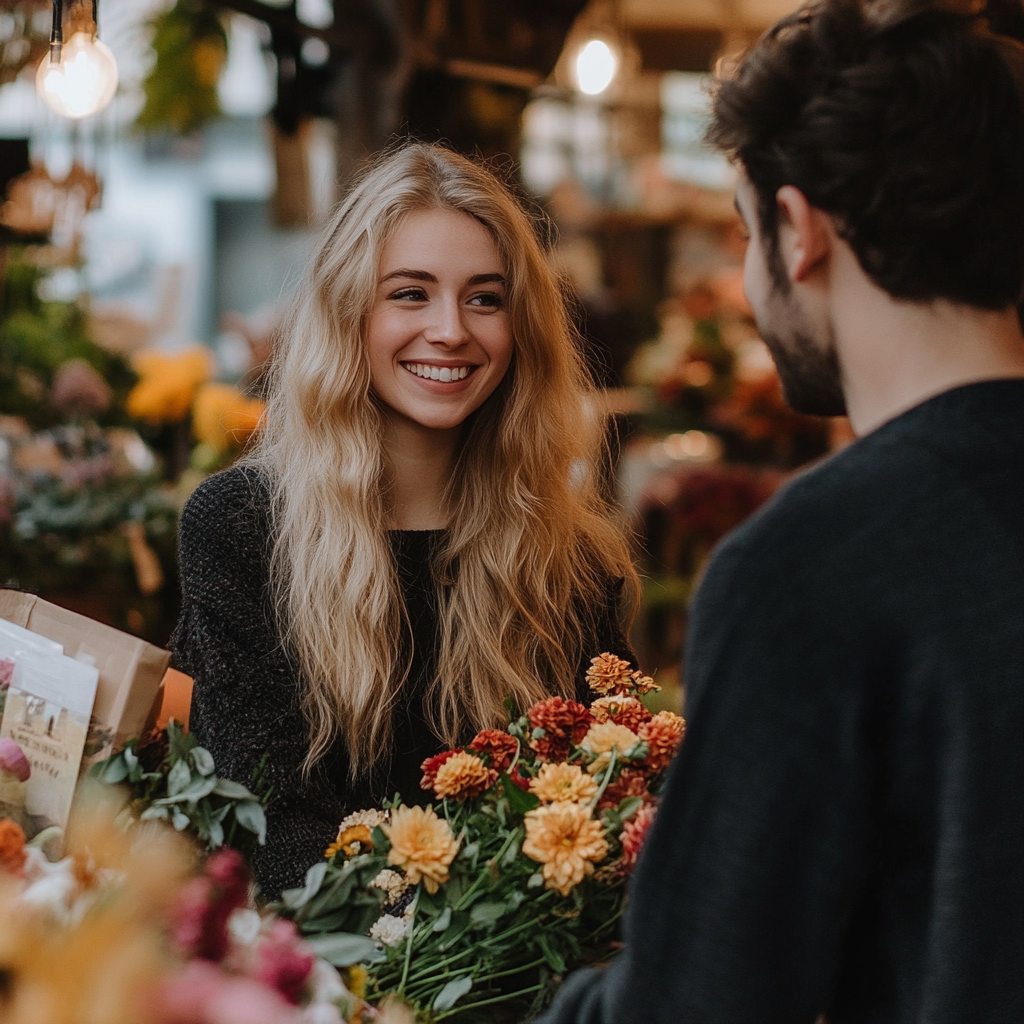 Une femme parle à un homme dans un magasin de fleurs | Source : Midjourney