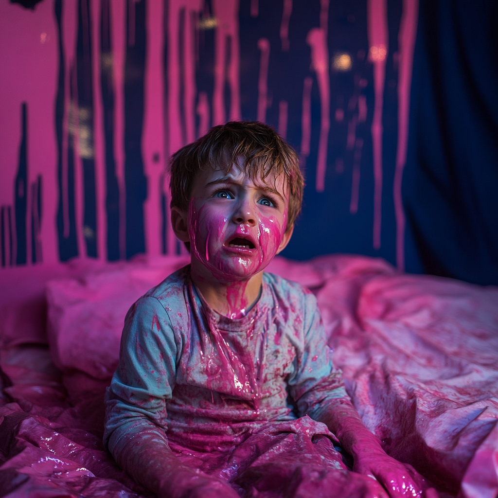 Un enfant bouleversé couvert de peinture rose | Source : Midjourney