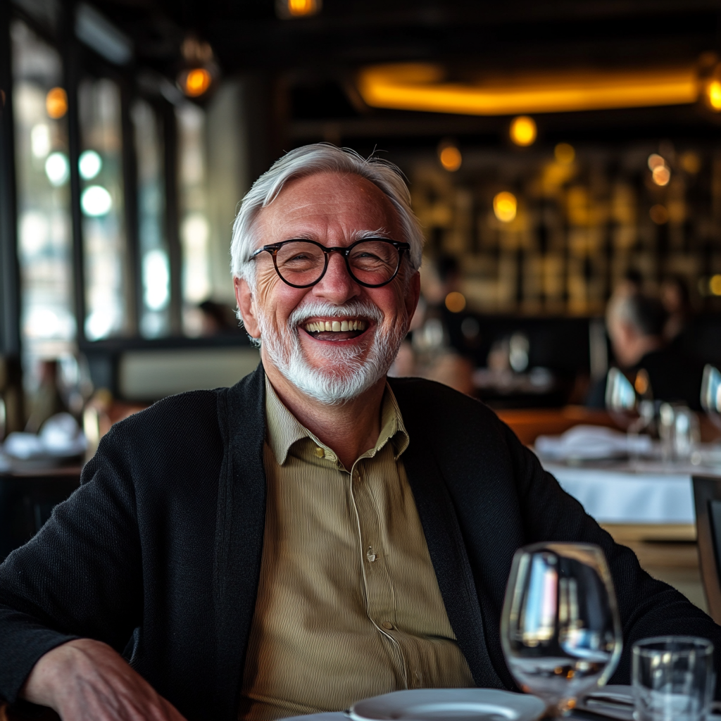 Un homme âgé sourit alors qu'il est assis dans un restaurant haut de gamme | Source : Midjourney