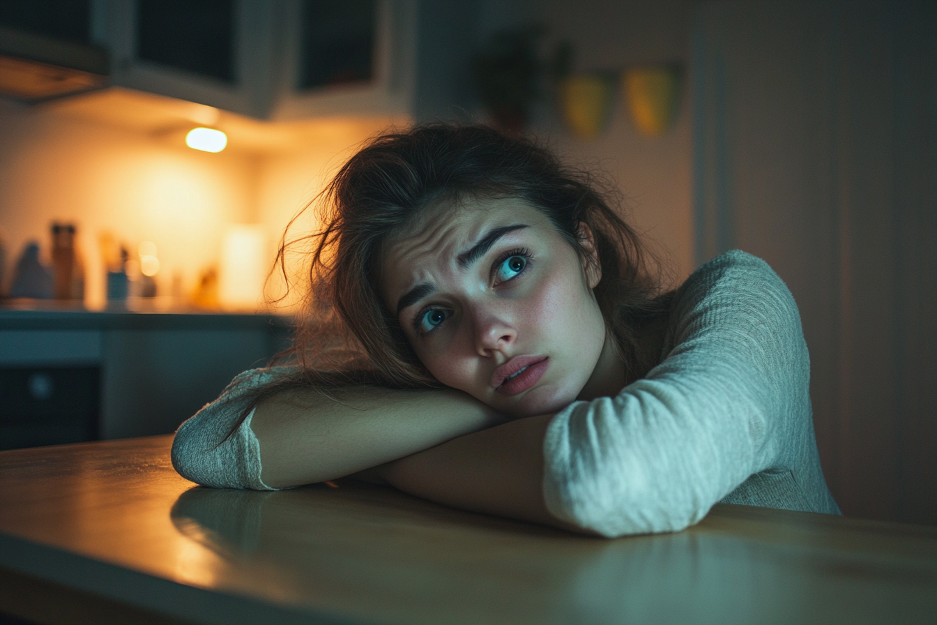 Une femme reposant sa tête sur ses bras croisés | Source : Midjourney