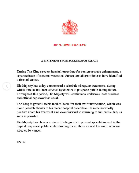 Annonce du diagnostic de cancer du roi Charles III par le palais de Buckingham, postée le 6 février 2024 | Source : Instagram/theroyalfamily