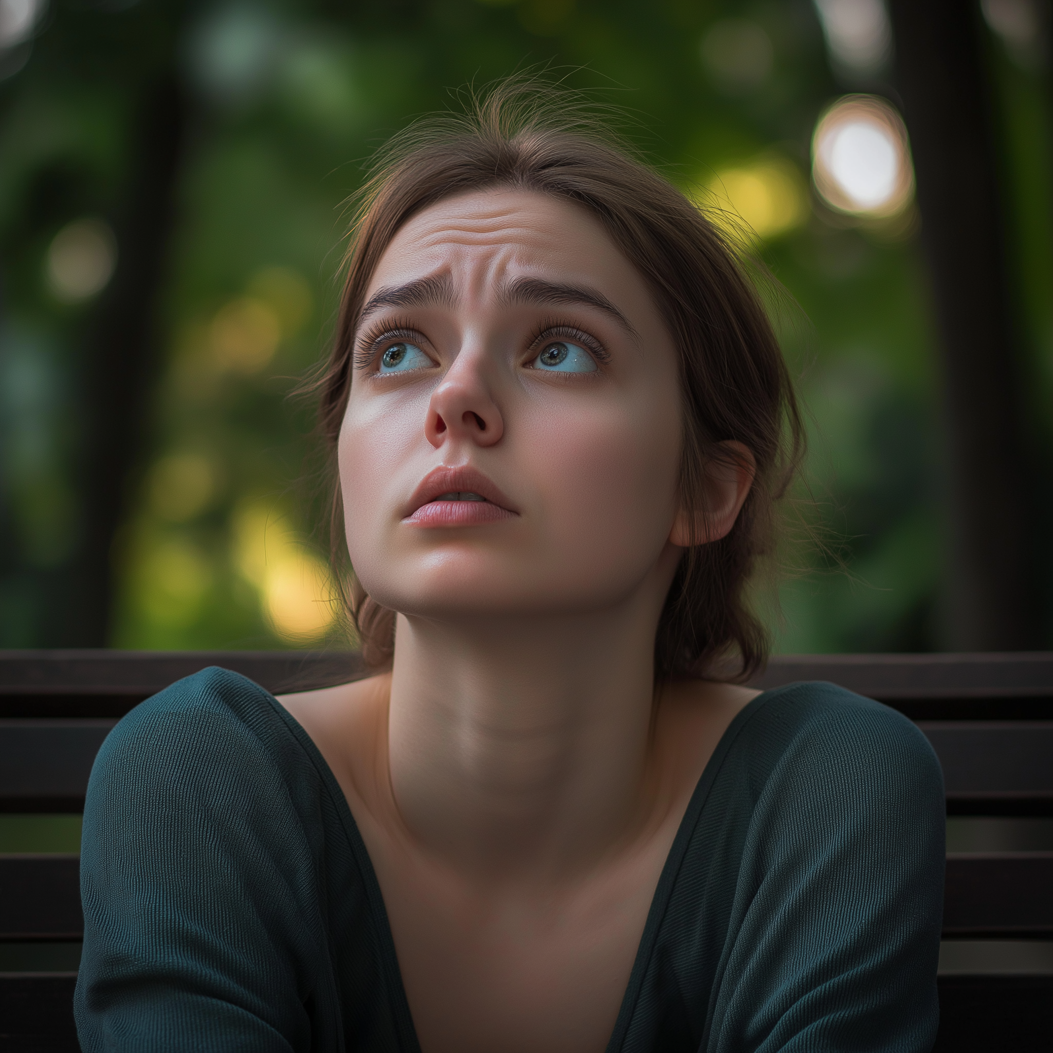 A woman looking a little concerned and emotional while sitting on a bench in a park | Source: Midjourney