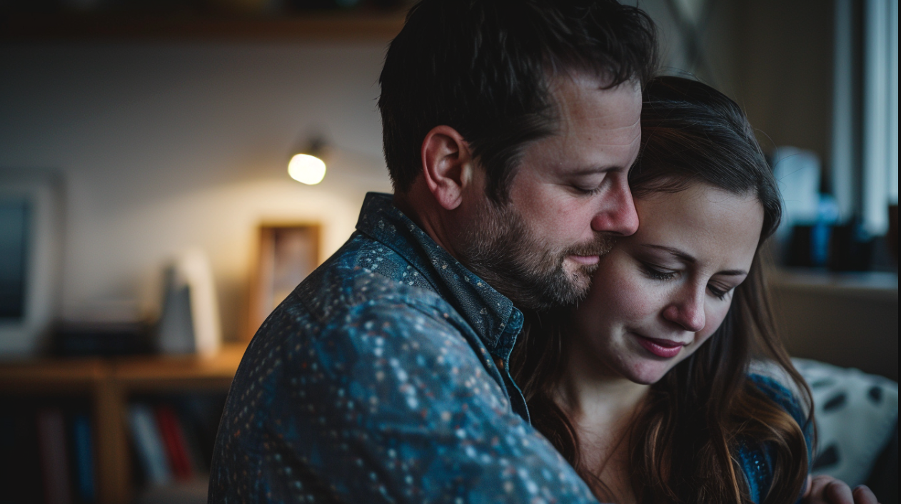 Un homme qui serre sa femme dans ses bras | Source : Midjourney