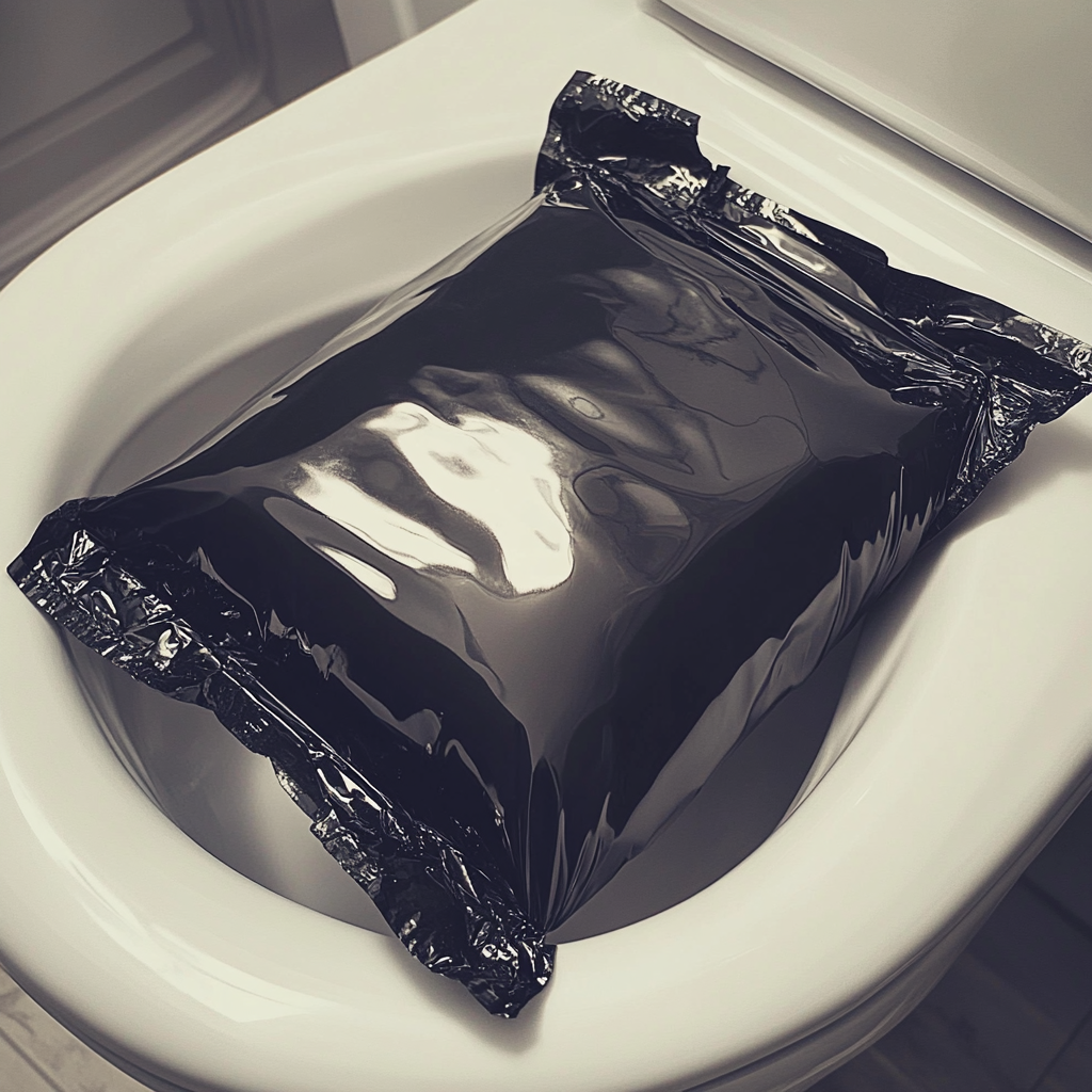 Un emballage scellé sous vide placé sur un siège de toilettes | Source : Midjourney