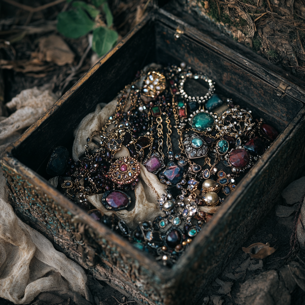 Gros plan sur une vieille boîte en métal contenant des bijoux, posée dans un jardin | Source : Midjourney