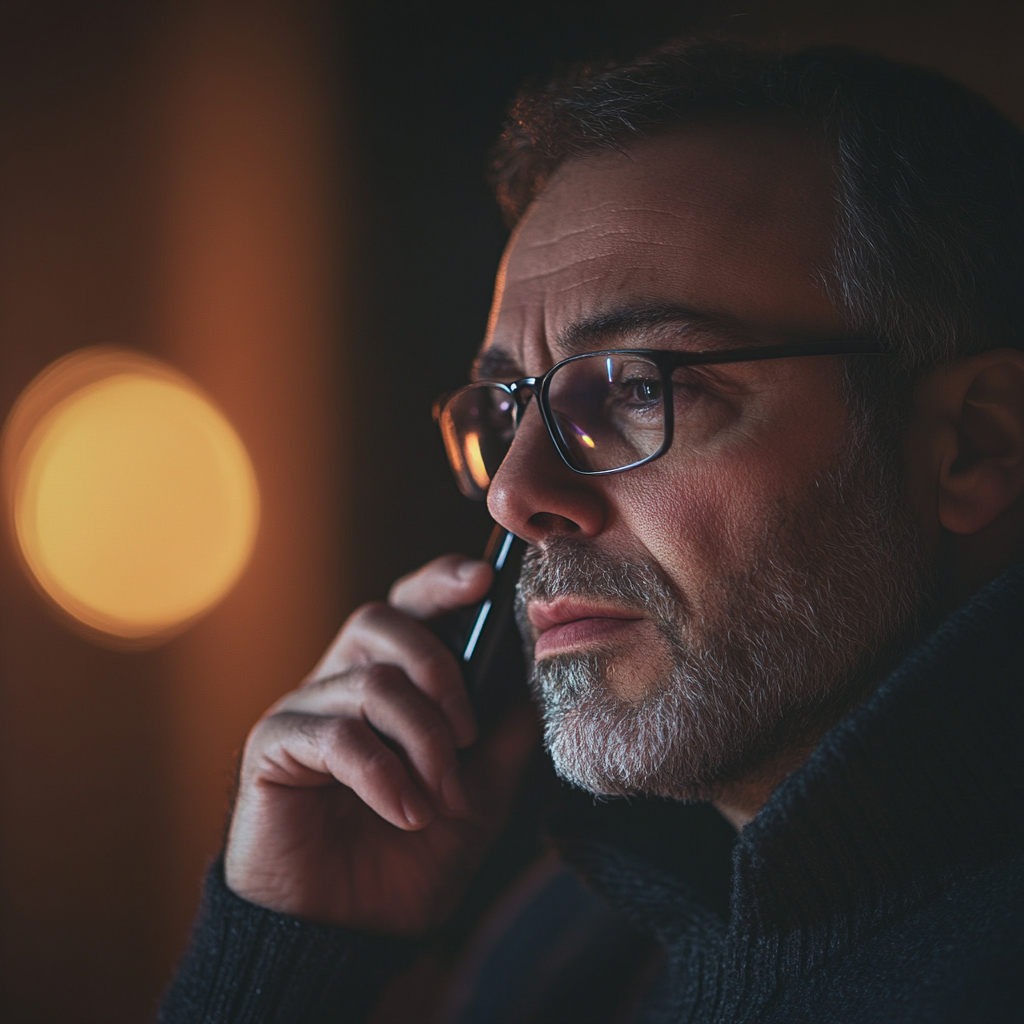 Un homme sérieux qui parle au téléphone | Source : Midjourney