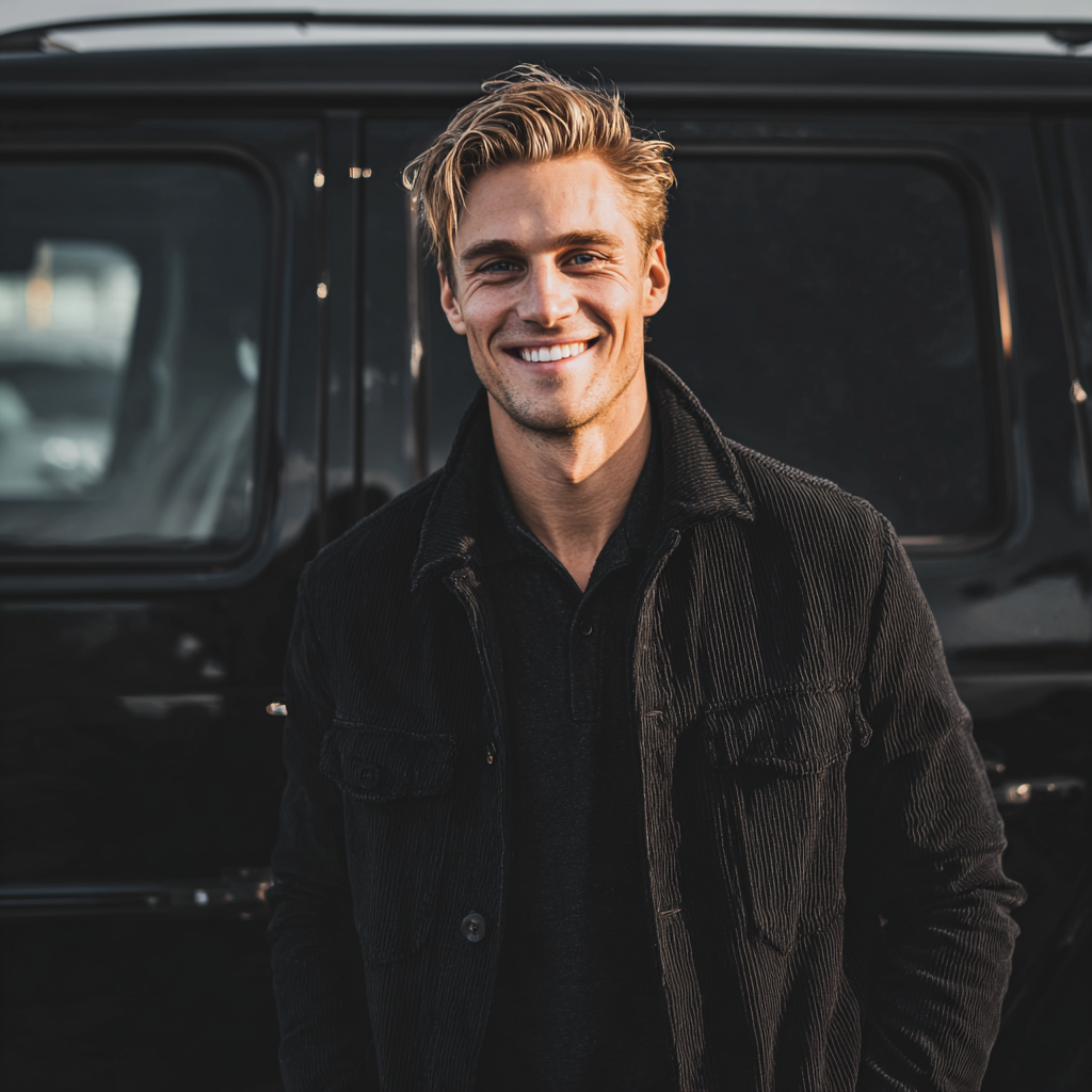 Un homme souriant se tenant devant un SUV noir | Source : Midjourney