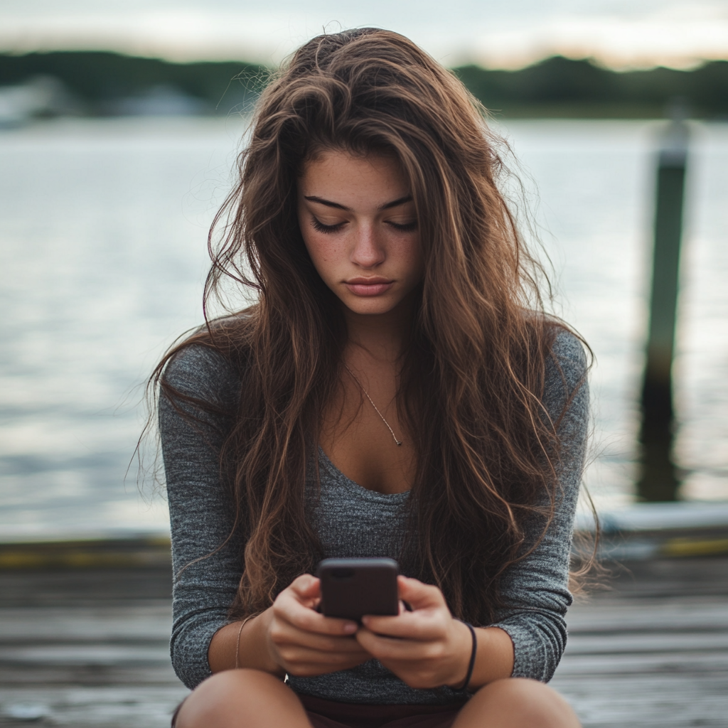 Une femme assise sur un quai et tapant à la machine | Source : Midjourney