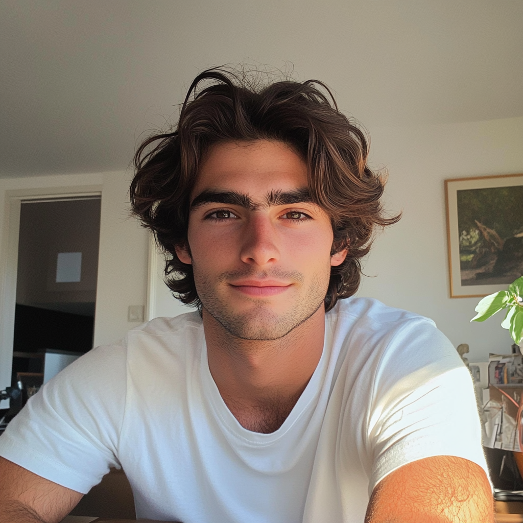 Un jeune homme souriant assis à une table de dîner | Source : Midjourney