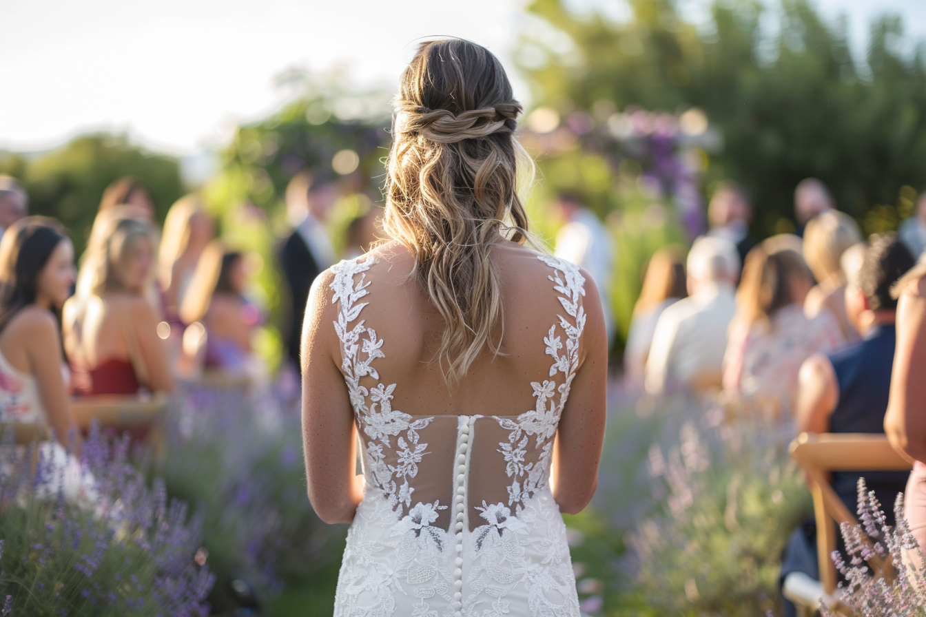 Une femme en robe de mariée blanche entrant dans un lieu de mariage | Source : Midjourney