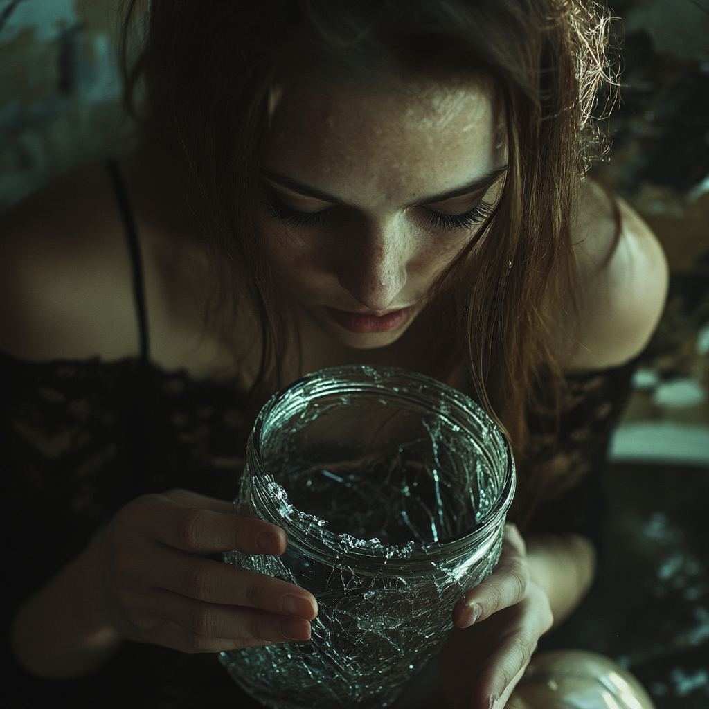 A woman holding a broken glass jar | Source: Midjourney