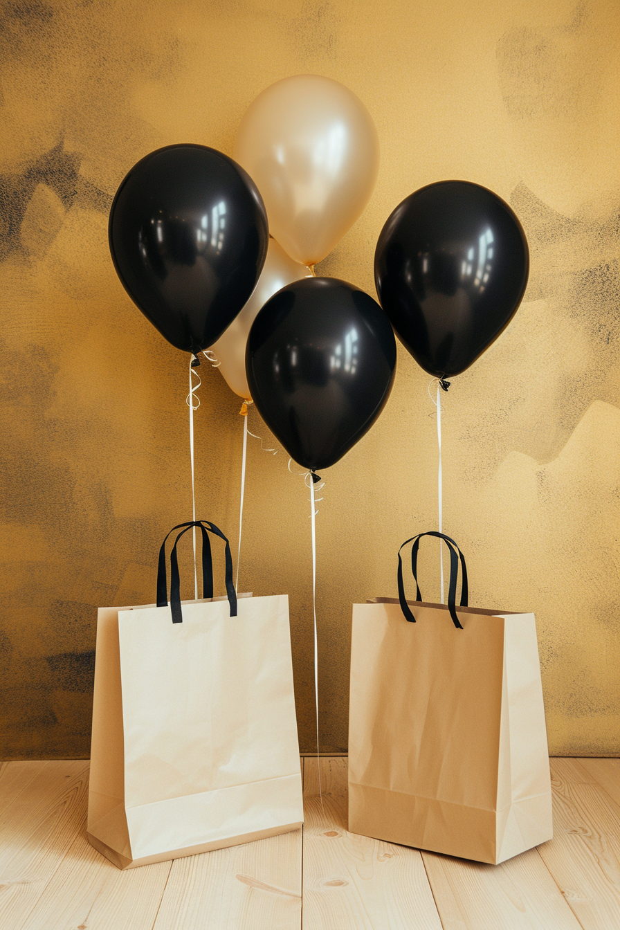 Sacs cadeaux avec ballons | Source : Midjourney