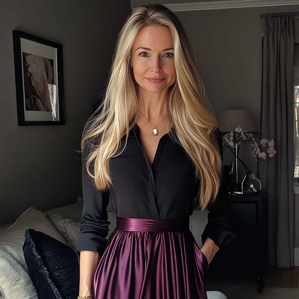 Une femme souriante debout dans un salon | Source : Midjourney