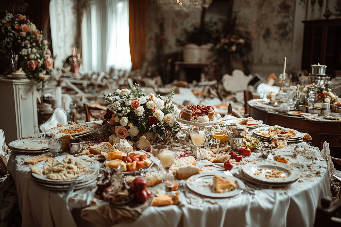 Lieu de mariage naufragé - tables renversées, décor en ruine | Source : Midjourney