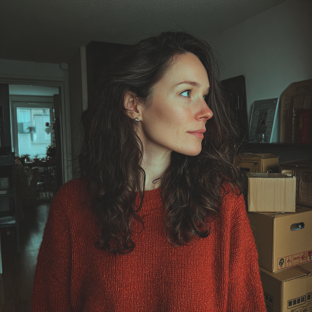 Une femme debout dans un salon avec des cartons | Source : Midjourney